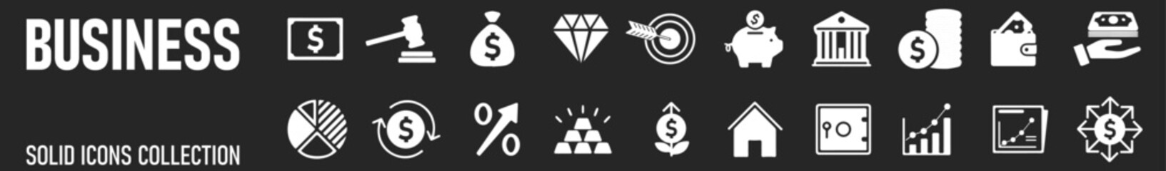 Business  solid icon set. Contain human resources, money movement, development, business process, growth and more. Vector illustration