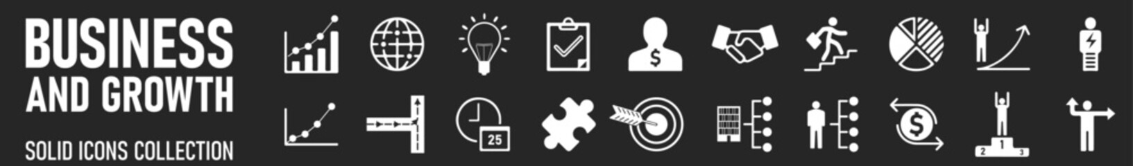 Business  solid icon set. Contain human resources, money movement, development, business process, growth and more. Vector illustration