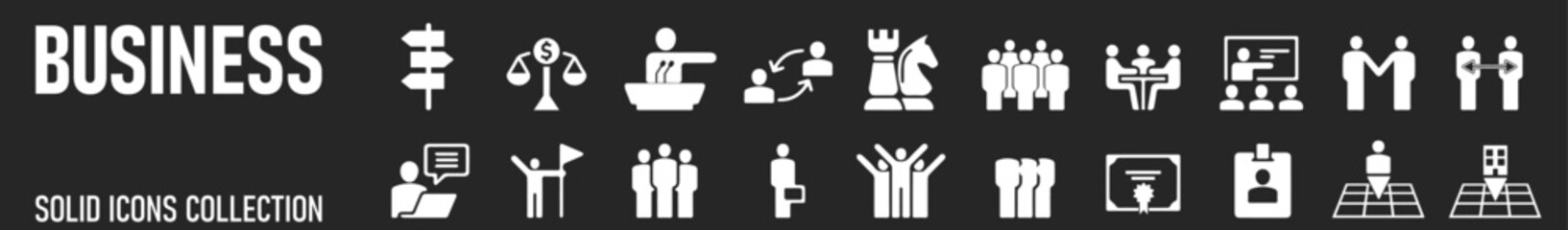 Business  solid icon set. Contain human resources, money movement, development, business process, growth and more. Vector illustration