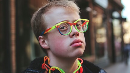 Tightly framed image of a teenager with Down syndrome wearing bright accessories, urban environment