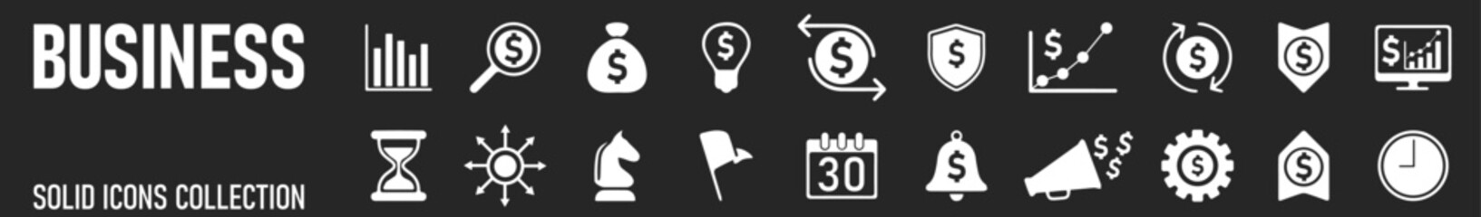 Business  solid icon set. Contain human resources, money movement, development, business process, growth and more. Vector illustration