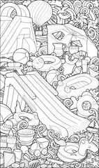 Line art beach and water park illustration full of inflatable toys, slides, tents, sandcastles, and summer accessories. Fun, detailed, and perfect for vacation or kids’ content.