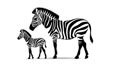Mother zebra and her baby, black and white, white background.