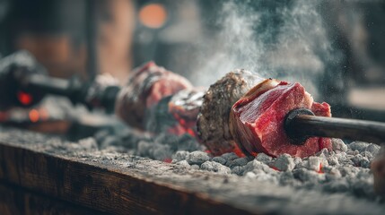 Tightly framed image of raw meat cooking over fire on wooden spit, smoke and ash particles visible