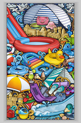 Colorful beach and water park illustration full of inflatable toys, slides, tents, sandcastles, and summer accessories. Fun, detailed, and perfect for vacation or kids’ content.