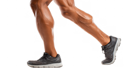 Close up of powerful, defined calf muscles straining while running, showcasing the strength and athleticism of a runner with transparent background, perfect for fitness and sports related projects