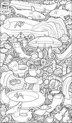Line art beach and water park illustration full of inflatable toys, slides, tents, sandcastles, and summer accessories. Fun, detailed, and perfect for vacation or kids’ content.