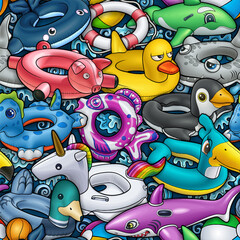 Seamless pattern of colorful inflatable swim rings shaped like animals and toys. Fun summer design perfect for kids products, beachwear, wrapping paper, and backgrounds.