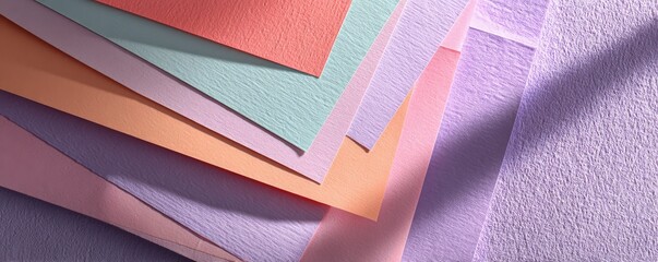 Top-down view of pastel paper sheets layered with geometric composition, soft shadows, copy space