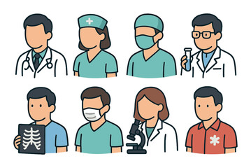 Medical Professions Concept isometric set. Doctor icon, nurse symbol, surgeon in mask, lab technician, radiologist icon, dentist figure, medical researcher