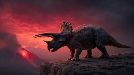 Triceratops standing defiantly on a cliff as volcanic eruption unfolds behind, glowing lava flow, red sky
