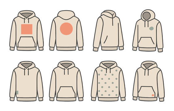 Hoodie Branding Layouts Concept isometric set. Front chest print zone, back large logo zone, sleeve branding placement, hood logo space, side tag icon.