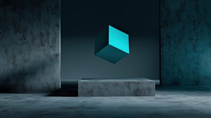 Vibrant cyan cube floating above monochrome abstract surface, sharp shadows, futuristic mood