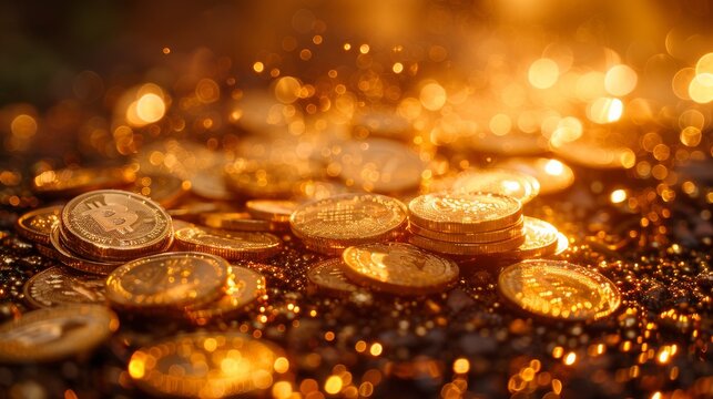 This close-up image showcases golden bitcoins scattered across a vibrant, sparkling surface, representing the concept of wealth and the booming cryptocurrency market with a luxurious feel.