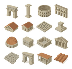Ancient Roman architecture isometric set. triumphal arch, Roman column, amphitheater, aqueduct bridge, basilica roof, Roman villa, mosaic floor, marble