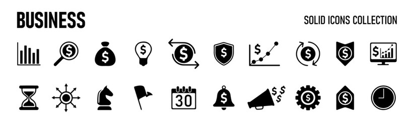 Business  solid icon set. Contain human resources, money movement, development, business process, growth and more. Vector illustration