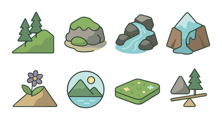 Mountain Ecology Concept isometric set. Tree line, moss-covered rock, flowing mountain stream, glacier melt, rare flower on slope, ecosystem icon, alpine