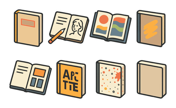 Art Book Mockups Concept isometric set. Sketchbook cover, pencil-drawn spread, colorful art page, brushstroke overlay, gallery layout, bold title