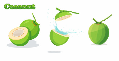 Three green coconuts, one whole, one halved with water splashing, and one sliced.