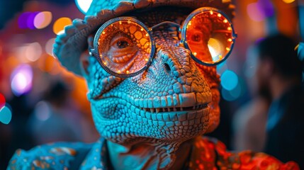 A whimsical dinosaur character sporting retro glasses and a vibrant outfit, captures a playful blend of humor and creativity, perfect for highlighting imagination and fun.