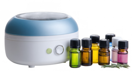 Modern facial steamer sits beside an assortment of essential oils and a sprig of rosemary, all set against a transparent background, ready for a soothing and aromatic spa experience