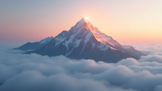 Majestic mountain peak rises above a sea of clouds, glowing at sunrise, creating a breathtaking and tranquil natural landscape