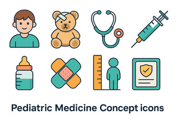 Pediatric Medicine Concept isometric set. Child patient icon, teddy bear with bandage, pediatric stethoscope, cartoon syringe, baby bottle, colorful