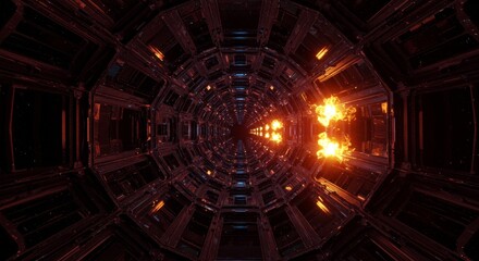 3D Abstract Light Tunnel in Dark Textured Futuristic Background