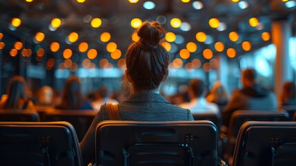 A woman with her hair in a bun sits quietly in a waiting area, reflecting on her thoughts while surrounded by blurred figures, capturing a moment of introspection and tranquility.