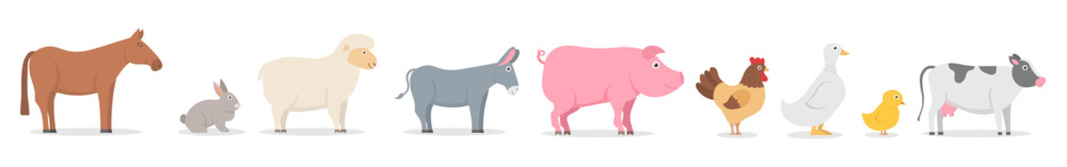 Farm animal vector set. Cartoon goat, cow, pig, horse, chicken, and duck. Cute barnyard illustration isolated on white. Rural domestic livestock icon for countryside design.

