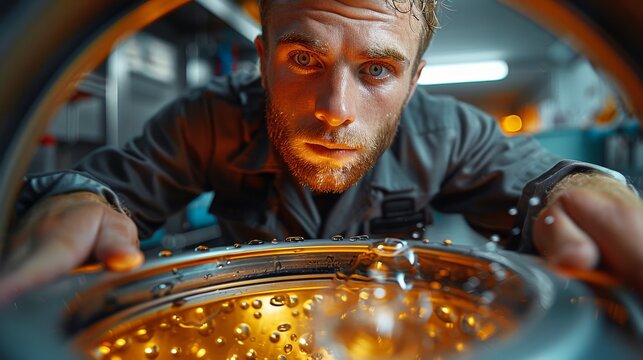 An focused worker intently gazing into machinery within a workshop, capturing the essence of dedication, professionalism, and precision craftsmanship in action.