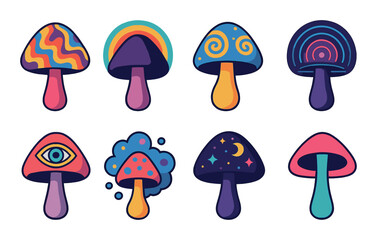 Psychedelic Mushroom Concept isometric set. Trippy pattern cap, rainbow aura shroom, spiral-eyed fungi, glowing pulse cap, third-eye mushroom, fractal