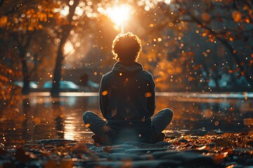 Obraz premium A person sits in meditation by a tranquil lake at sunset, surrounded by falling leaves, epitomizing serenity, self-reflection, and connection with nature's beauty.