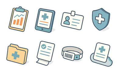 Medical Data & Records Concept isometric set. Clipboard with chart, electronic health record, patient ID card, secure data shield, medical folder, test