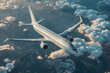 Fototapeta premium A captivating view of a modern airplane soaring through fluffy clouds against a stunning sunset sky, emphasizing the freedom and adventure of air travel.