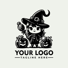 Cartoon little witch in large hat standing beside carved Halloween pumpkin with smiling face in monochrome style. Holiday concept
