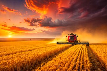 Fototapeta premium Combine harvester harvesting golden wheat field at sunset in countryside 