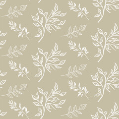 Delicate seamless pattern with hand-drawn silver leaf outlines on a beige background. A minimalist and sophisticated line art design for elegant branding and textiles.