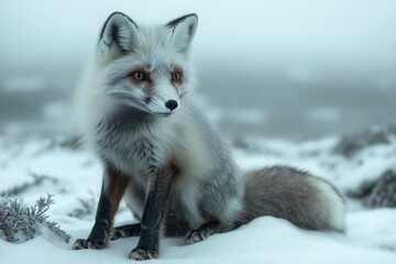A solitary arctic fox sits on the pristine, snowy tundra, its striking blue eyes scanning the horizon for movement. The environment is quiet and serene, showcasing winter's beauty