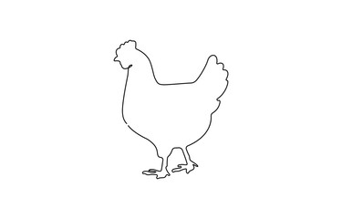 Hen in continuous line art drawing style. Chicken minimalist black linear design isolated on white background,  Silhouette of chickens on a white background in a minimalist style.
