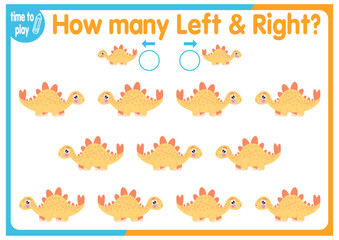 Children's educational game, tasks. Count how many elements will be placed on the right and how many on the left. Dinosaurs.