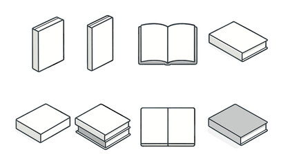 Blank Book Templates Concept isometric set. Empty front cover, spine-only view, top-down book spread, no-text placeholder page, clean background book.