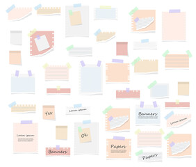 Notebook torn paper and tape. Vector PNG with sticky notes, retro page edges, blank textures, and adhesive stickers. Scrap design isolated on white, office and craft use.

