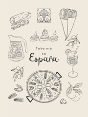 Whimsical card with Hand Drawn traditional Spain Food and Travel Doodle elements. Line Art of Spanish Cuisine and Symbols. Vector for wall decor, poster, cover, social media, ads, print, menu design.