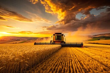 Obraz premium Combine harvester harvesting golden wheat field at sunset in countryside 