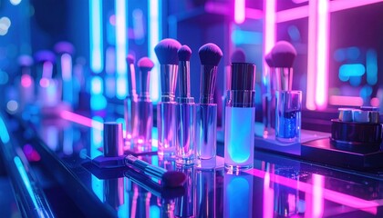 Makeup brushes and cosmetics under neon lights on a glossy surface