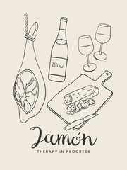Hand Drawn Food Postcard with Spanish Jamón Ibérico, chorizo and Wine. Vector sketchy line art for wall decor, poster, cover, social media, ads, print, menu design.