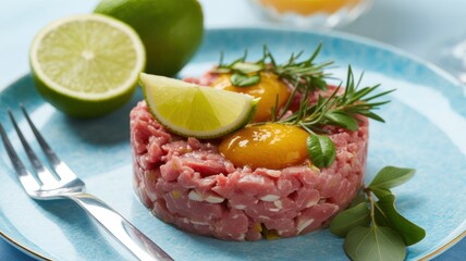 Tuna tartare with citrus fruits. The dish is decorated with fresh herbs and lemon slices.