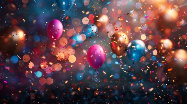 A vibrant scene filled with colorful balloons and sparkling confetti, capturing the festive essence of celebration, joy, and special occasions that lift the spirit.