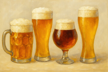 A colorful assortment of beer glasses filled with frothy drinks, showcasing different styles and colors of beer.